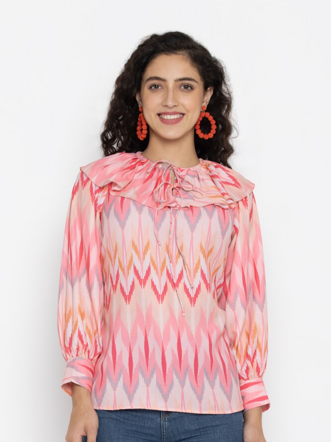 

SEW YOU SOON Women Pink Geometric Printed Tie-Up Neck Crepe Top