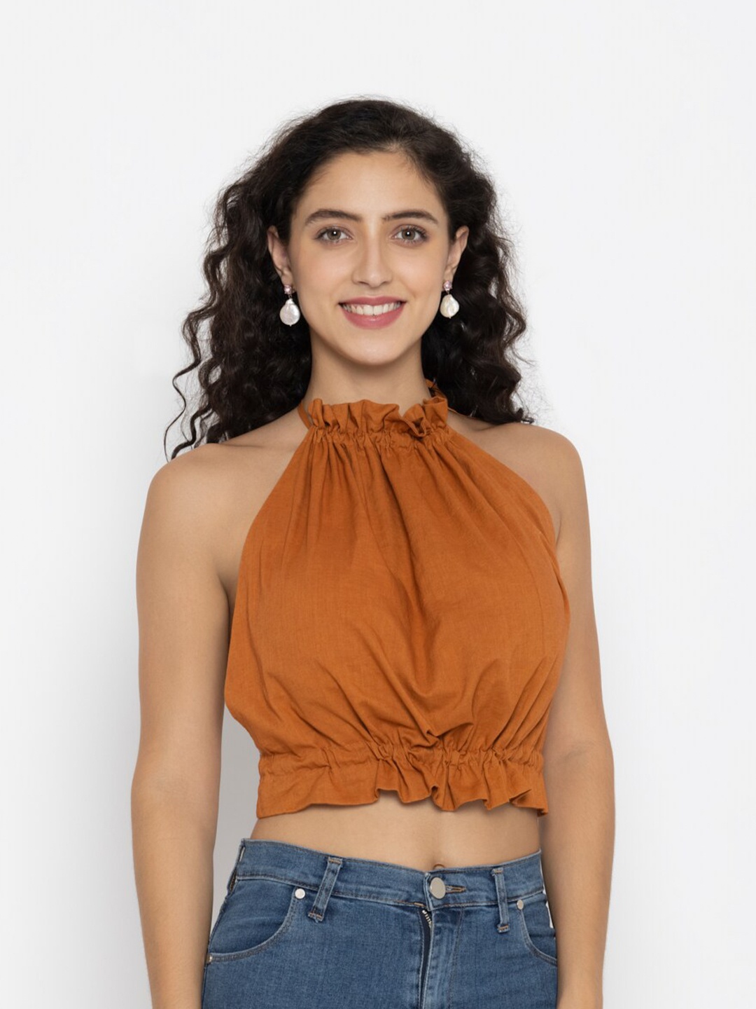 

SEW YOU SOON Brown Halter Neck Crop Top