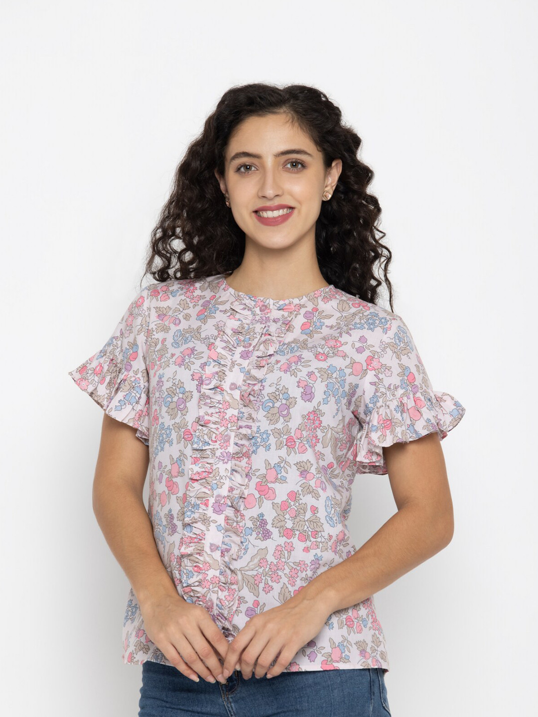

SEW YOU SOON Women White Floral Print Crepe Top