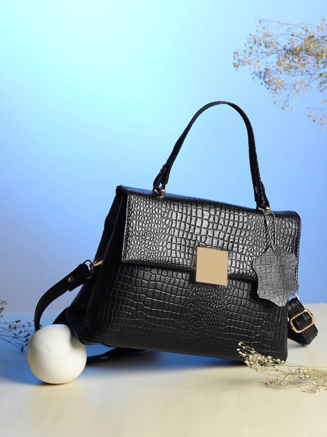 

AMYENCE Black Textured Leather Structured Shoulder Bag
