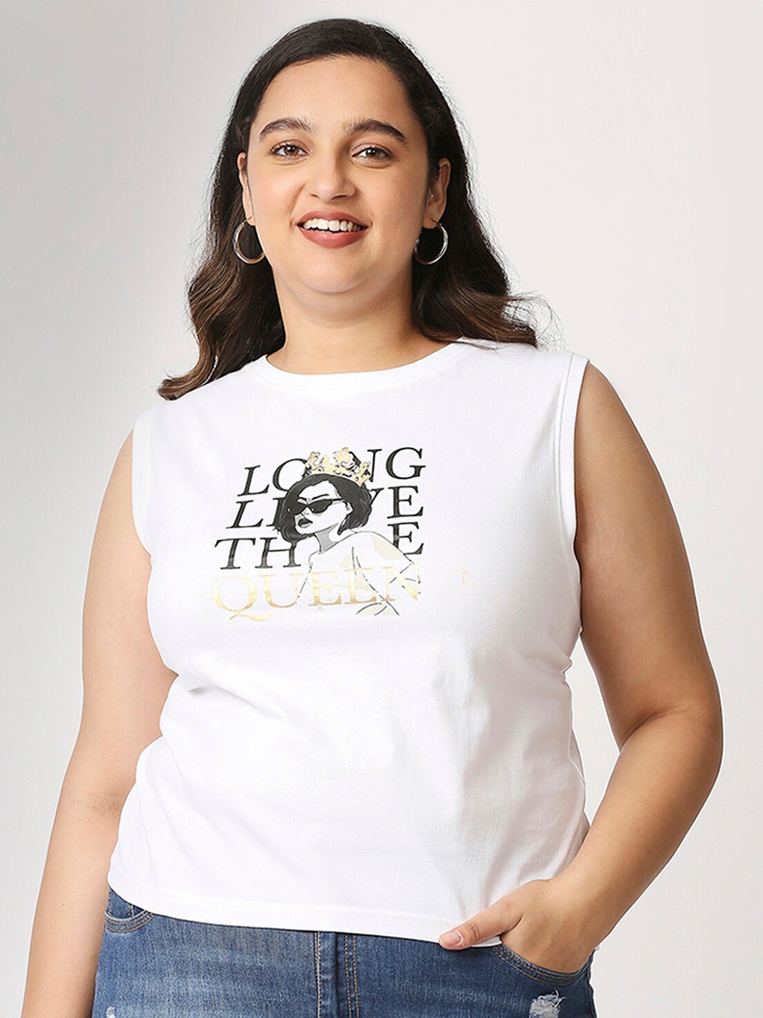 

20Dresses Women White Typography Sleeveless Printed Plus SizeT-shirt