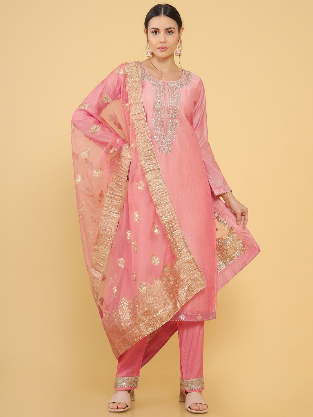

Soch Pink & Gold-Toned Embroidered Pure Silk Unstitched Dress Material