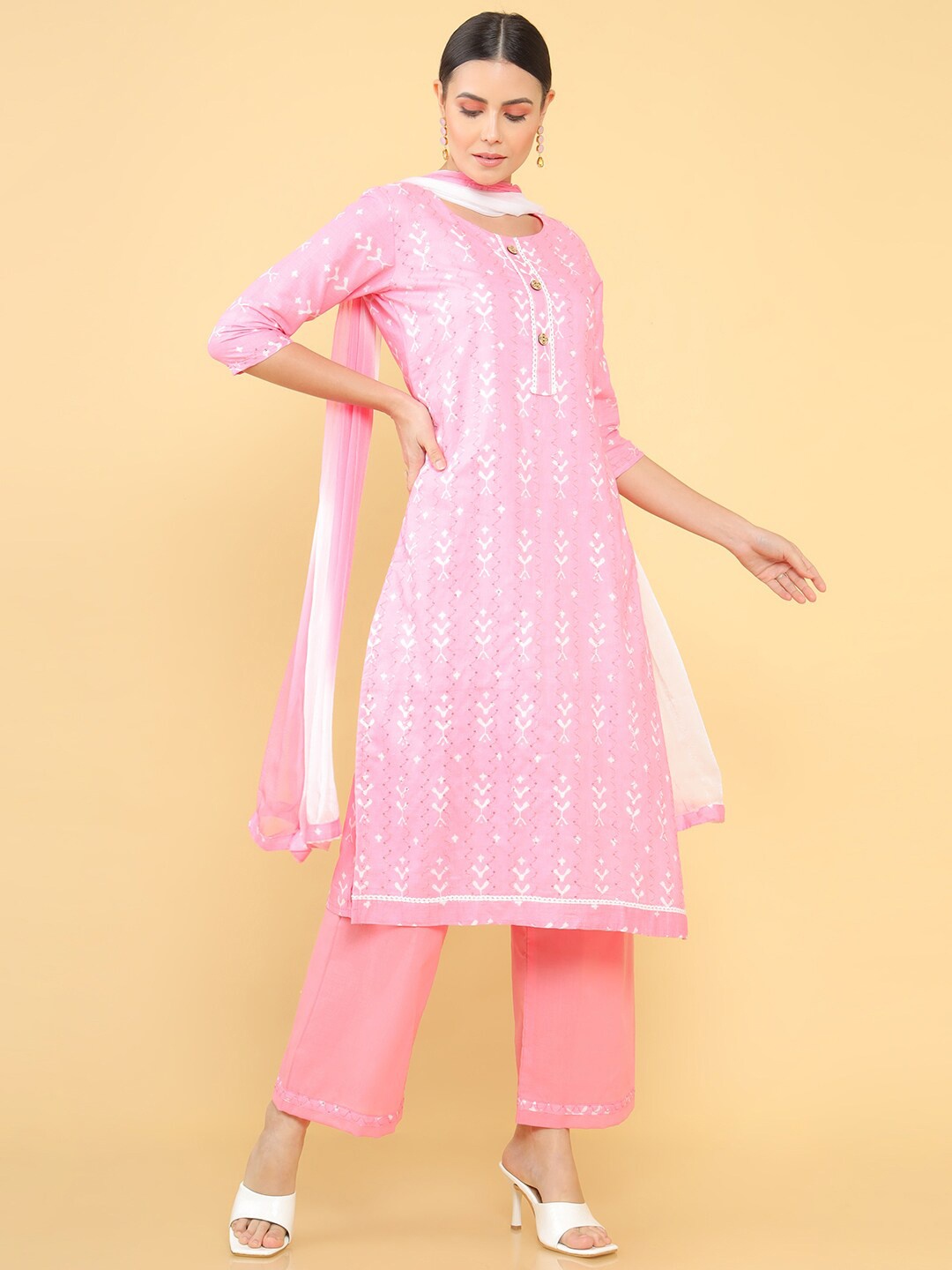 

Soch Pink & White Printed Unstitched Dress Material