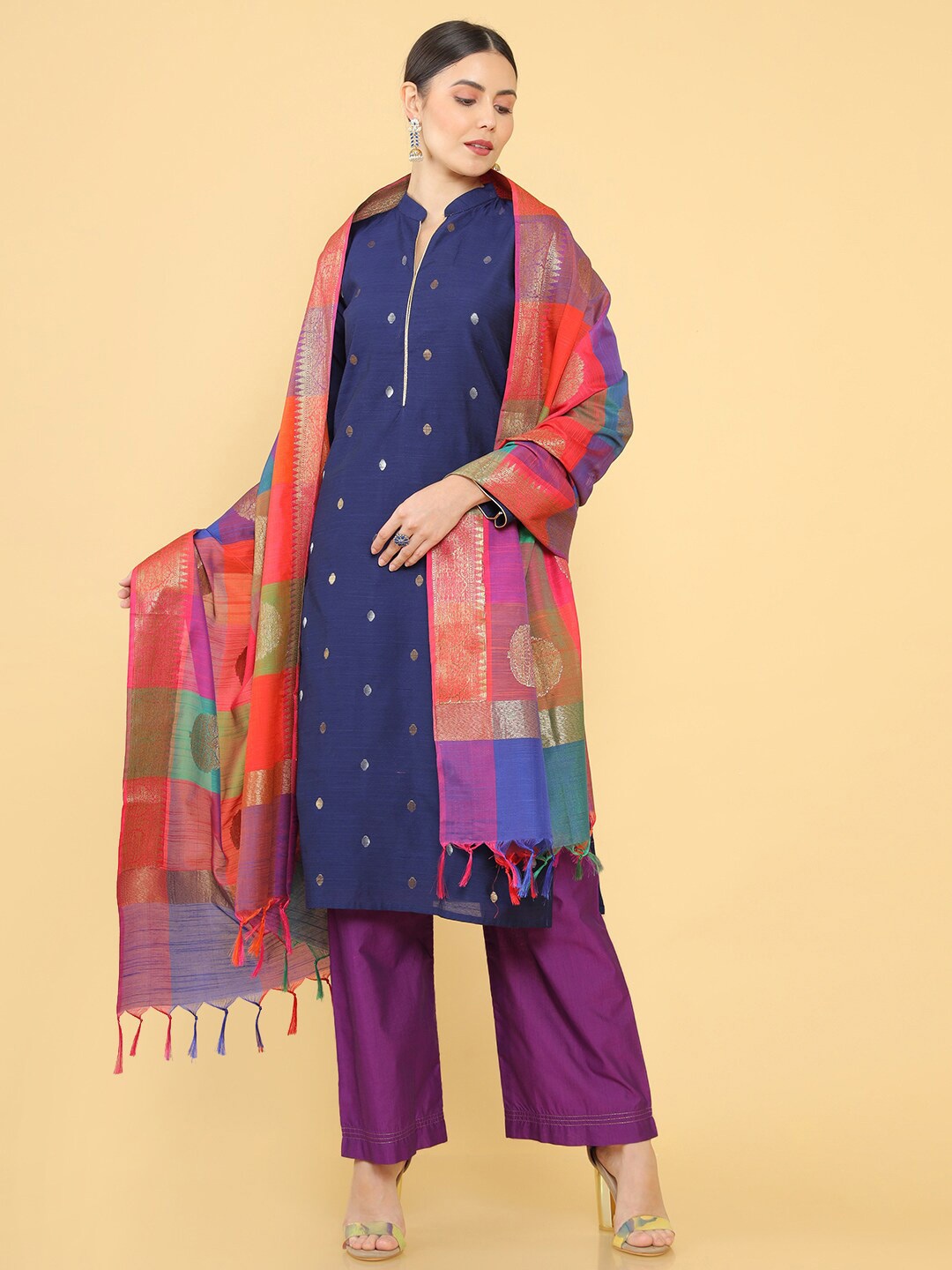 

Soch Women Navy Blue & Red Pure Silk Unstitched Dress Material