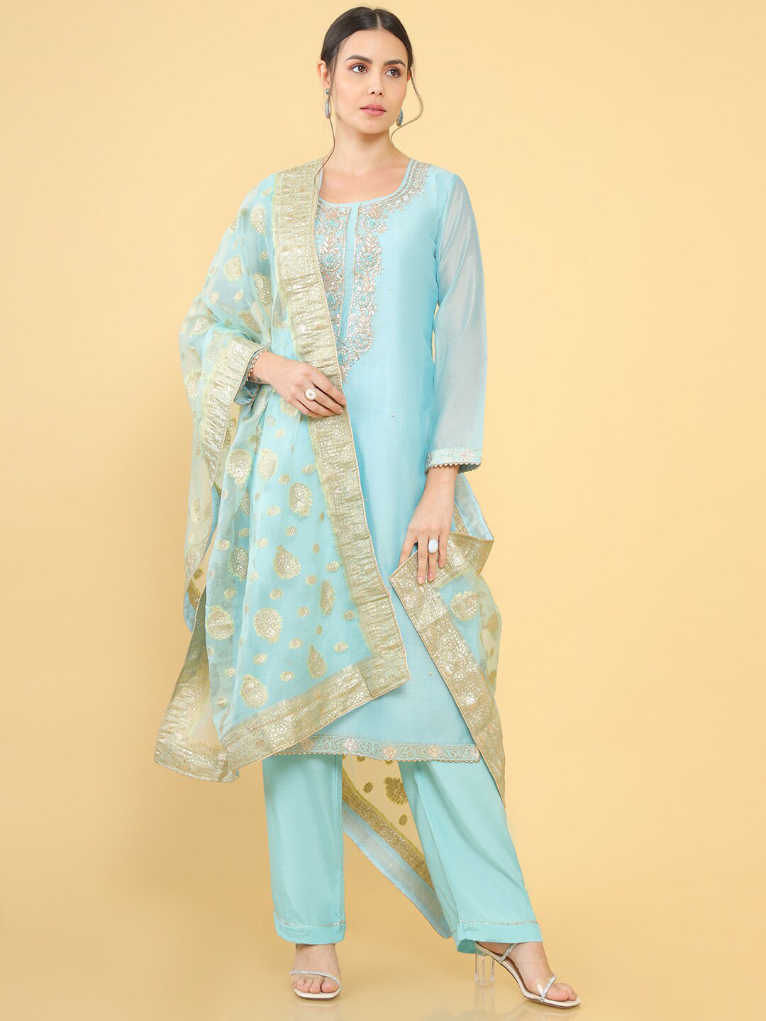 

Soch Blue & Gold-Toned Pure Silk Unstitched Dress Material