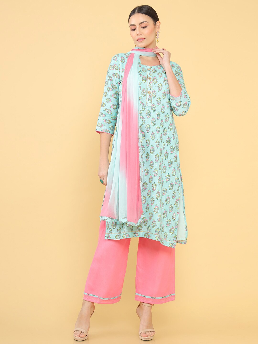 

Soch Teal & Pink Printed Unstitched Dress Material