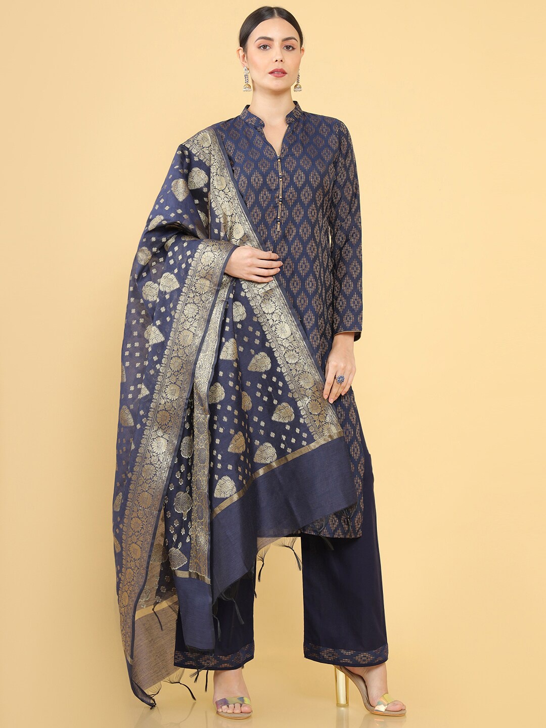 

Soch Women Navy Blue & Gold-Toned Pure Silk Unstitched Dress Material