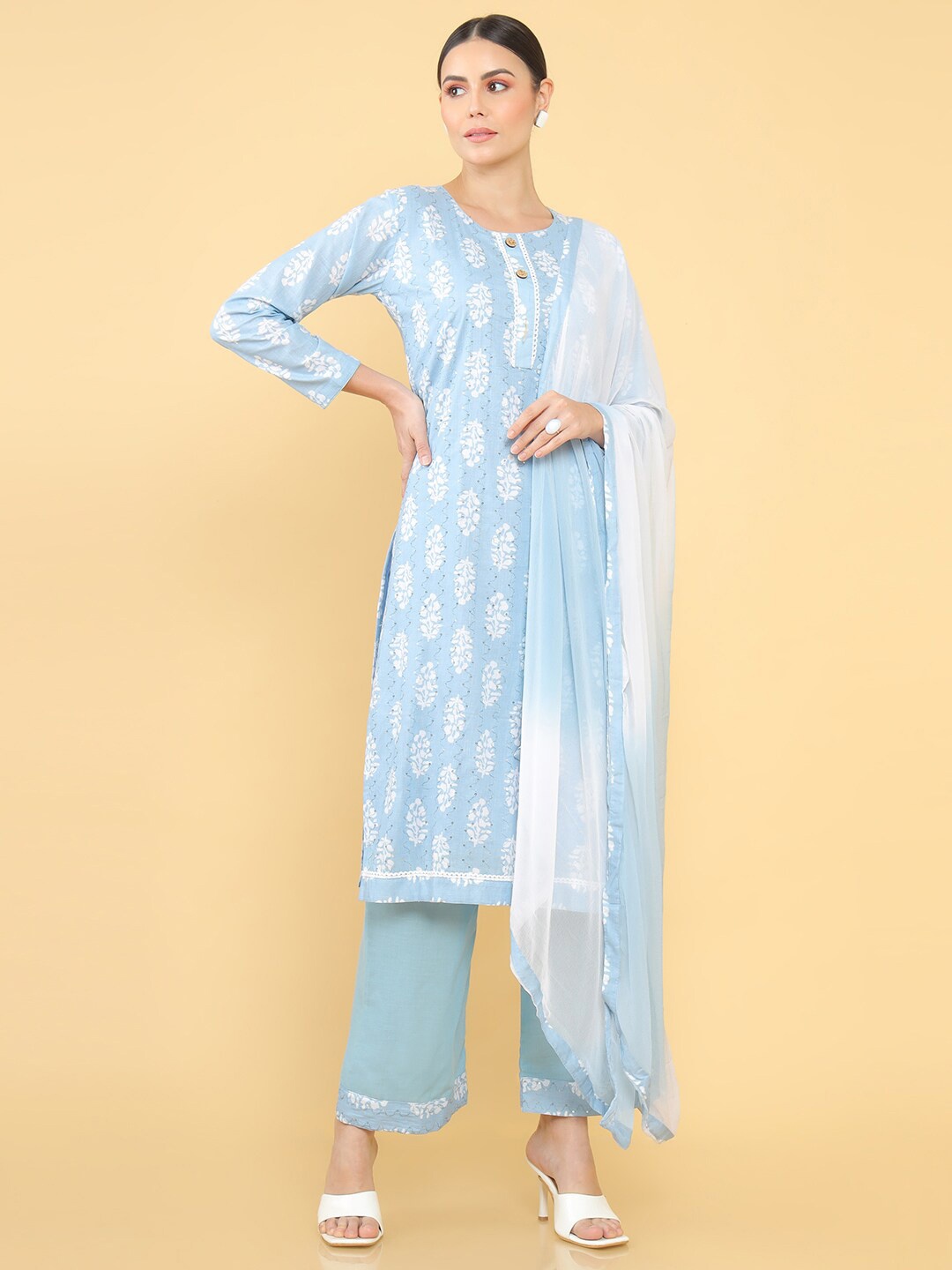 

Soch Blue & White Printed Unstitched Dress Material