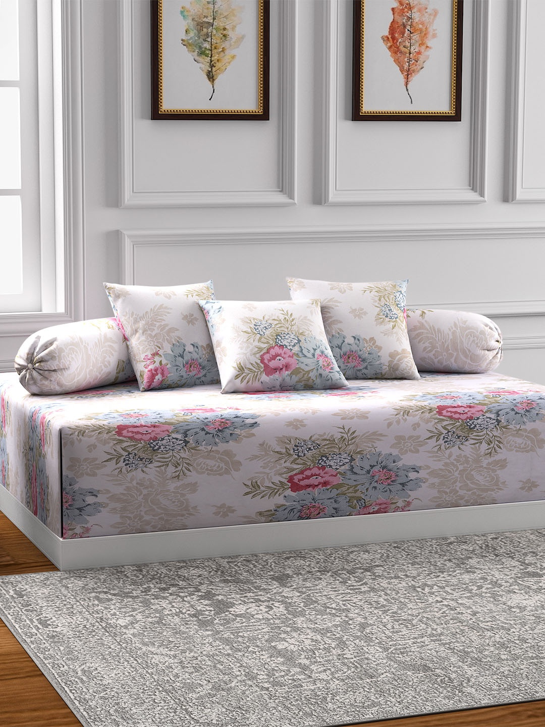

Swayam Zinnia Pink & Olive Green Floral 6 Piece 250TC Cotton Diwan Set, Off white