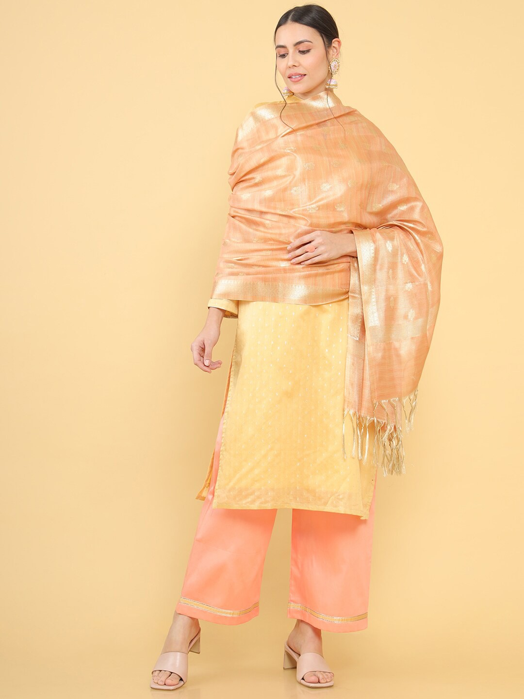 

Soch Mustard & Pink Pure Silk Unstitched Dress Material