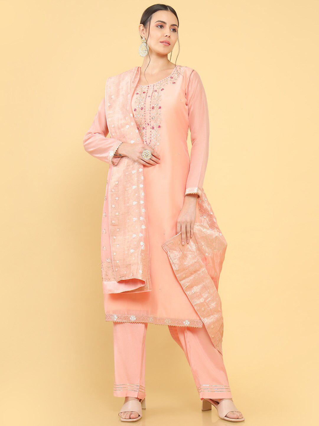 

Soch Pink & Gold-Toned Embroidered Pure Silk Unstitched Dress Material