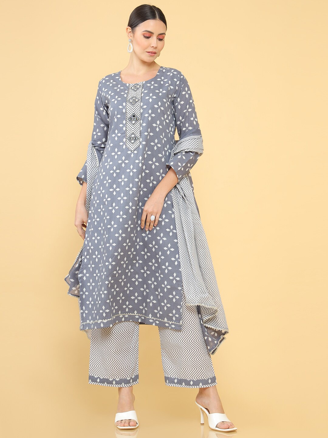 

Soch Women Grey Printed Mirror Work Yoke Design Unstitched Dress Material