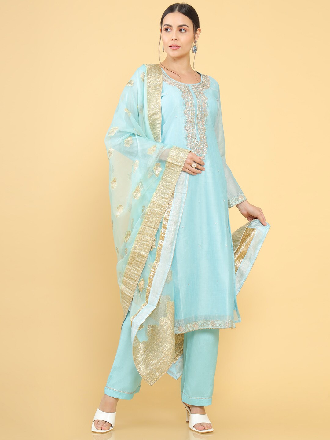 

Soch Blue & Gold-Toned Pure Silk Unstitched Dress Material