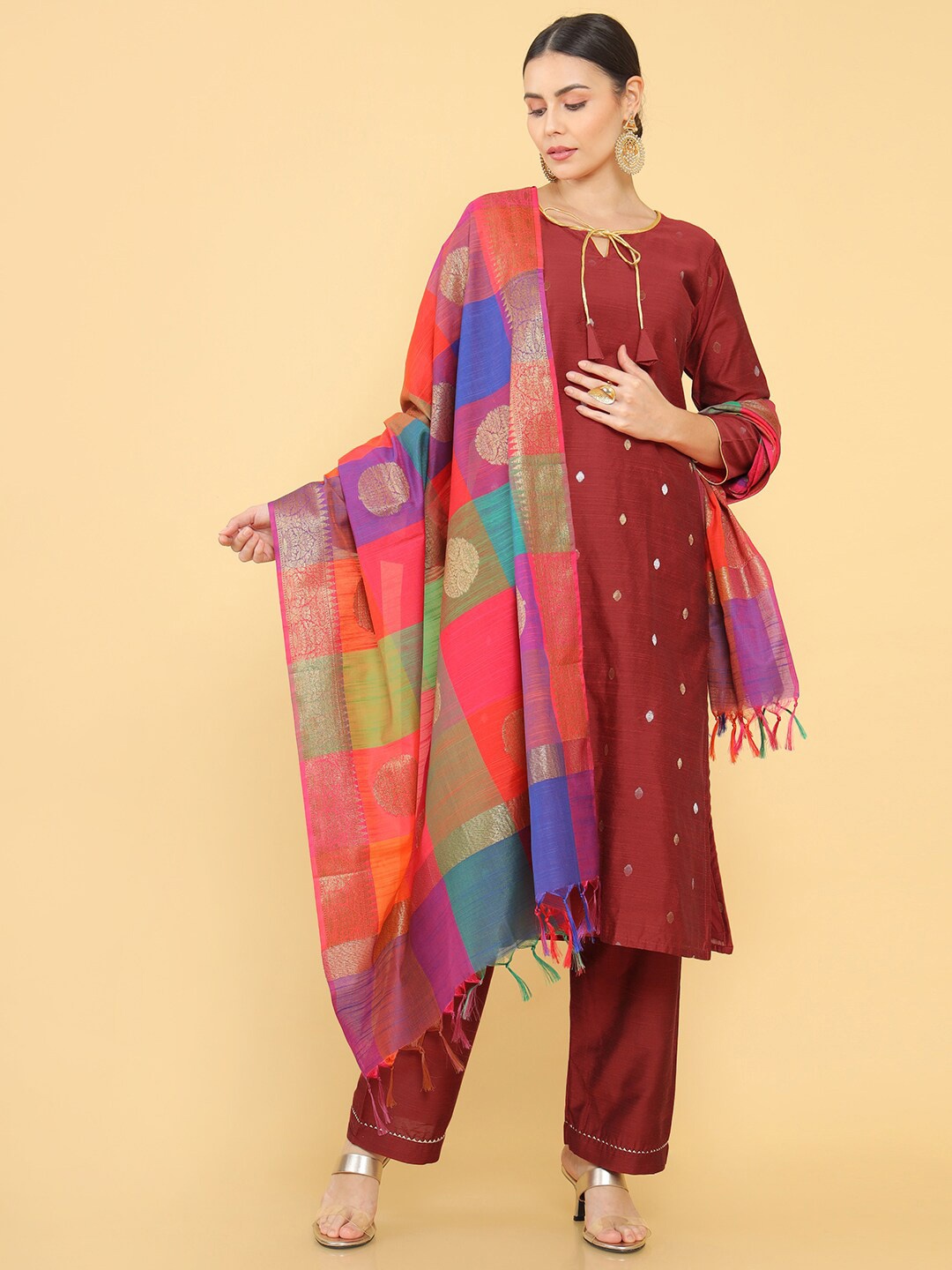 

Soch Navy Blue & Maroon Printed Pure Silk Unstitched Dress Material