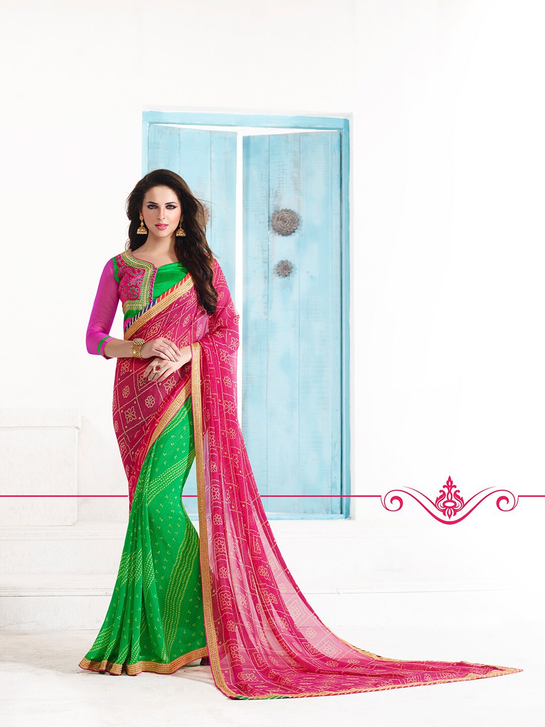 

Shaily Pink & Green Bandhani Embroidered Pure Georgette Saree