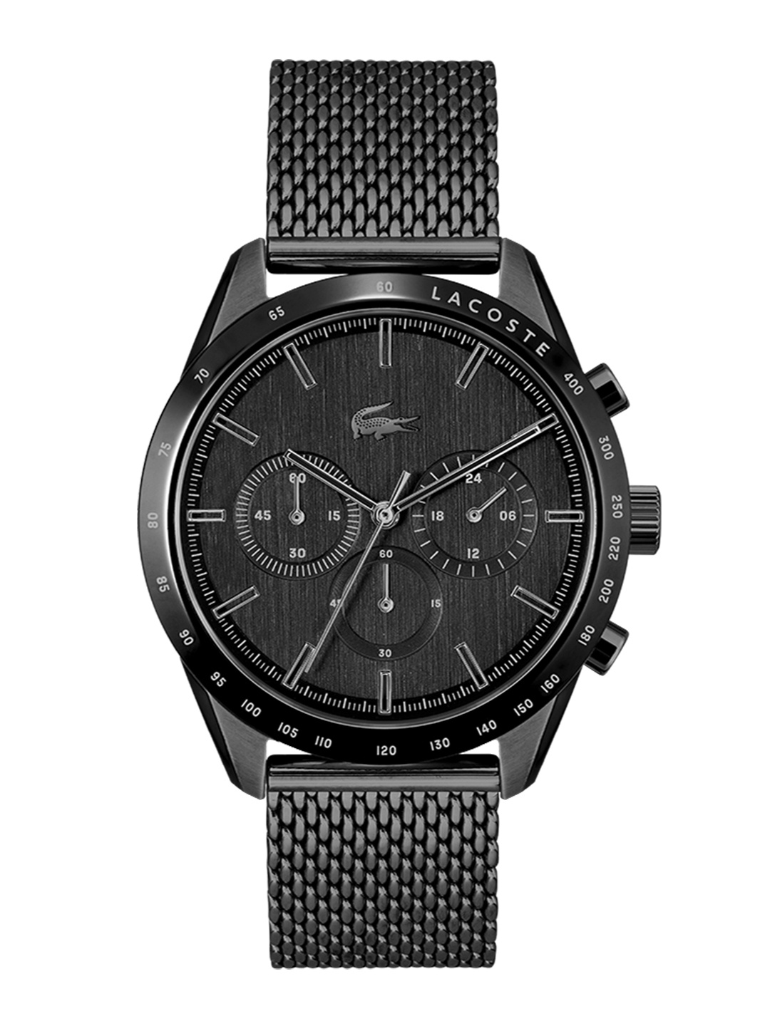 

Lacoste Men Black Brass Dial & Black Stainless Steel Bracelet Style Straps Analogue Chronograph Watch