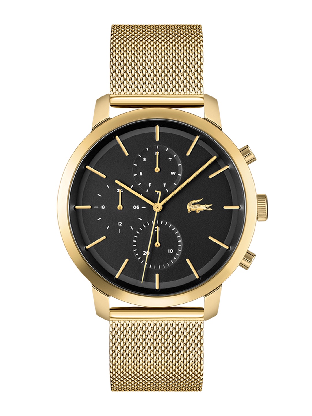 

Lacoste Men Black Brass Dial & Gold Toned Stainless Steel Bracelet Style Straps Analogue Multi Function Watch