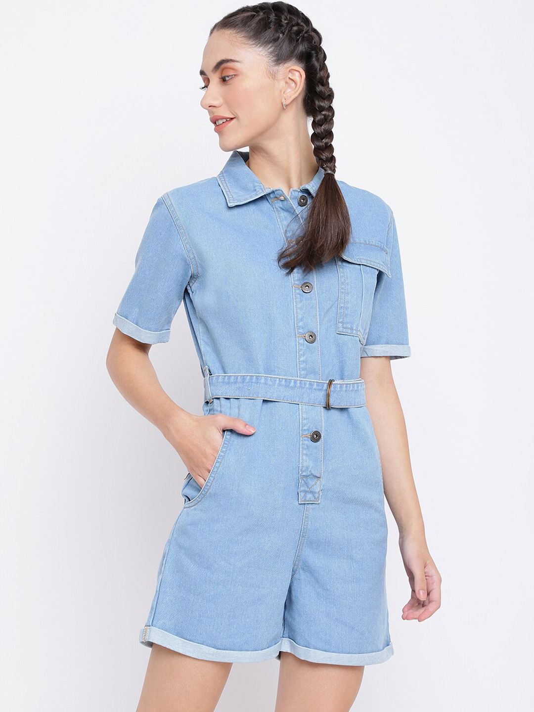 

Belliskey Women Blue Solid Short length Regular Fit Denim Dungaree