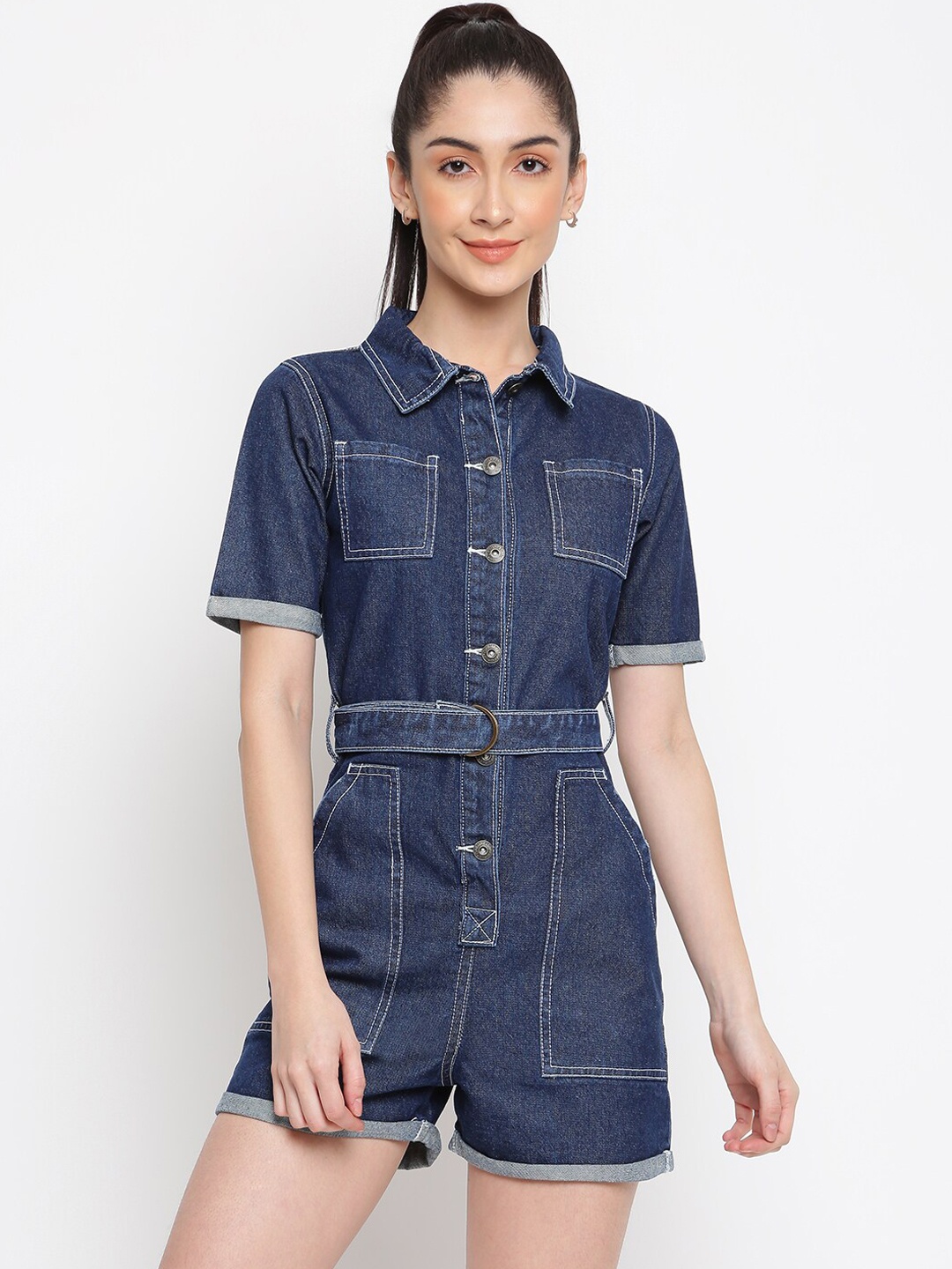 

Belliskey Women Shirt Collar Blue Jumpsuit