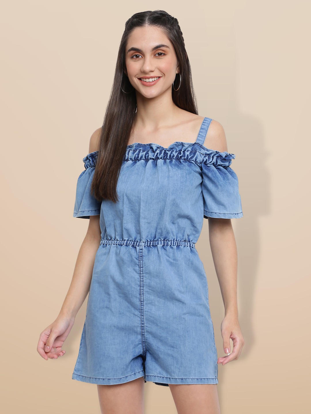 

Belliskey Blue Off-Shoulder With Ruffles Jumpsuit
