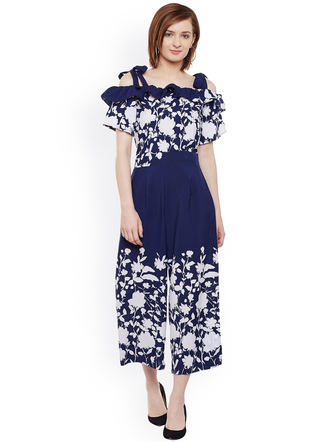 

Belle Fille Blue & White Printed Off-Shoulder Jumpsuit