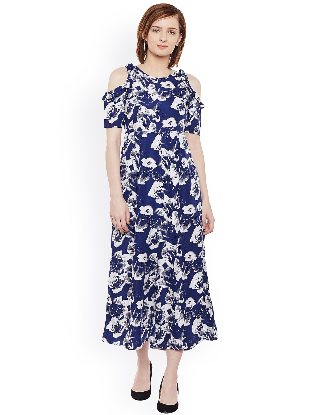 

Belle Fille Blue & White Printed Cold-Shoulder Jumpsuit