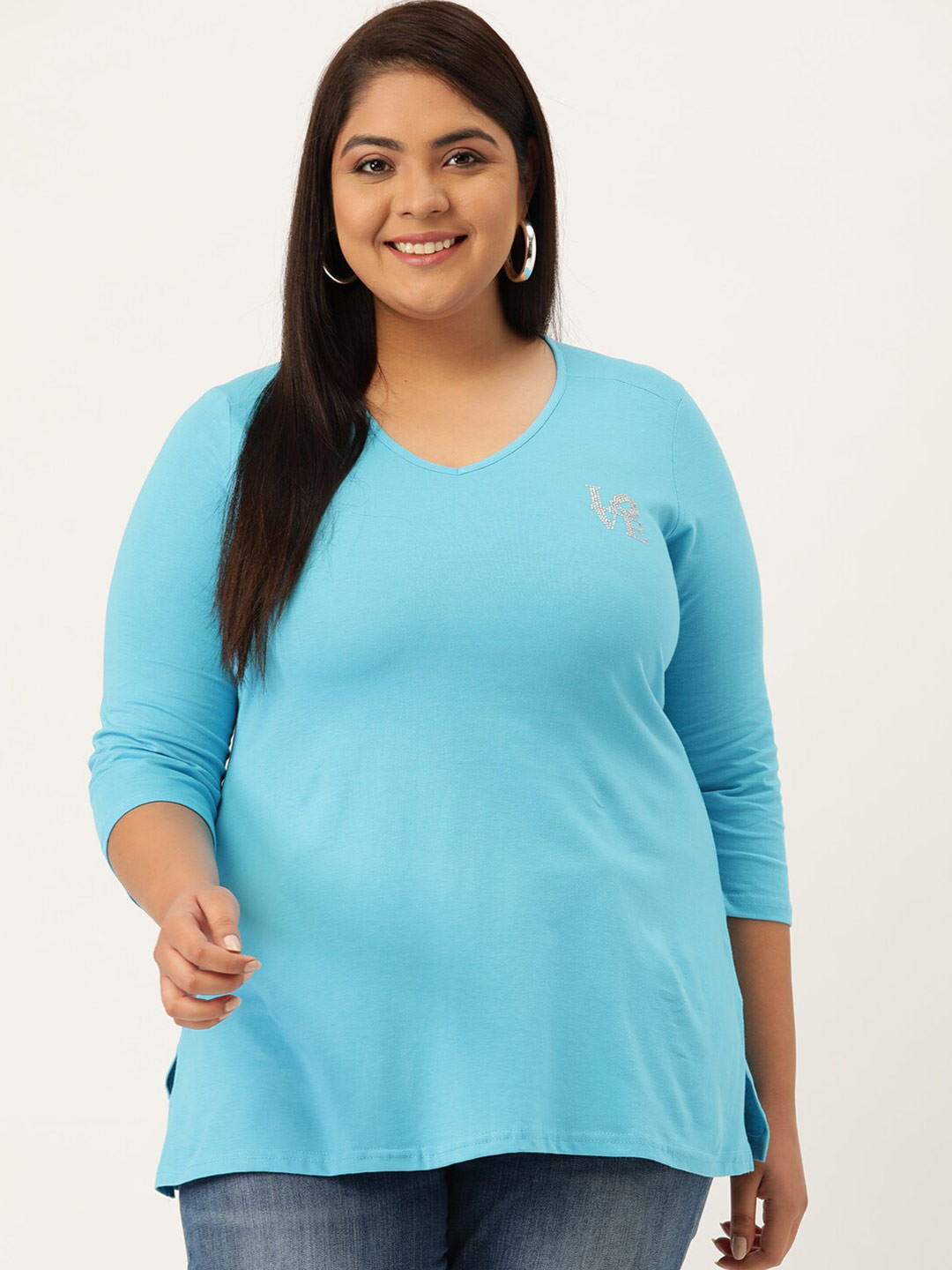 

theRebelinme Plus Size Women Turquoise Blue Solid V-Neck T-shirt