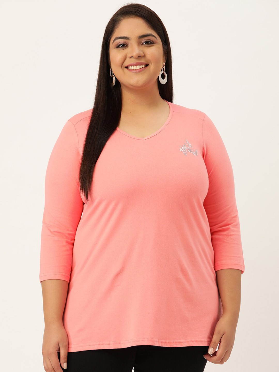 

theRebelinme Women Plus Size Peach-Coloured Solid V-Neck T-shirt