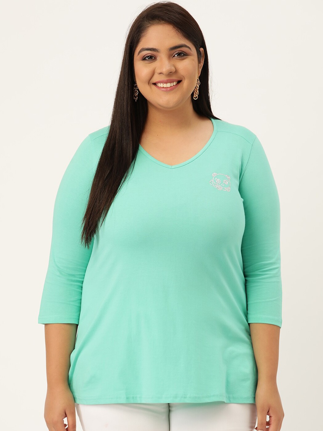 

theRebelinme Women Sea Green V-Neck plus size T-shirt