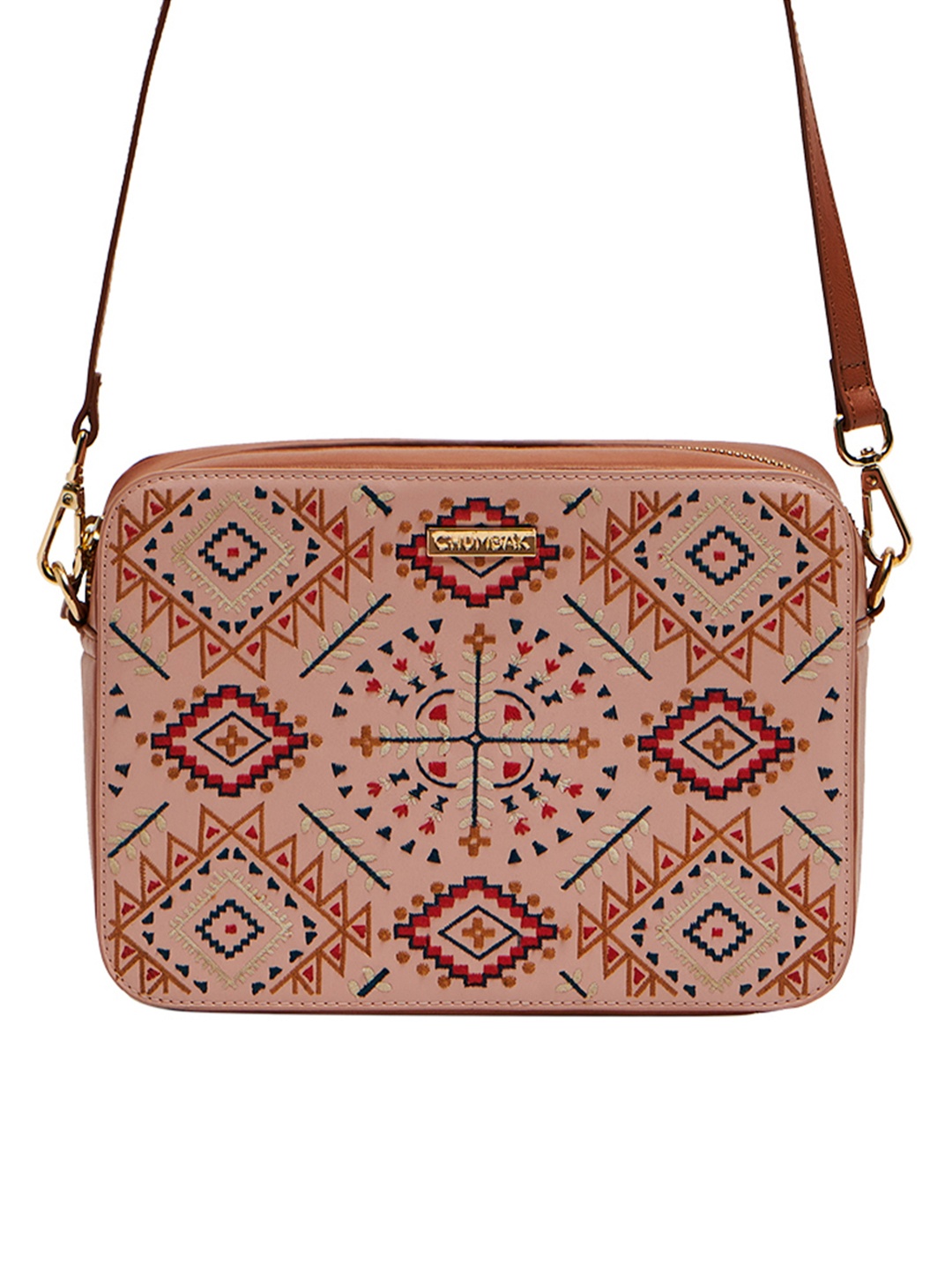 

Chumbak Peach-Coloured PU Structured Sling Bag with Cut Work