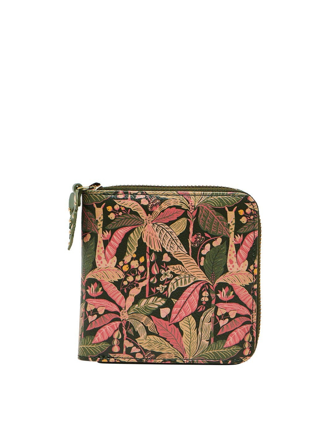 

Chumbak Women Olive Green & Pink Floral Printed PU Two Fold Wallet