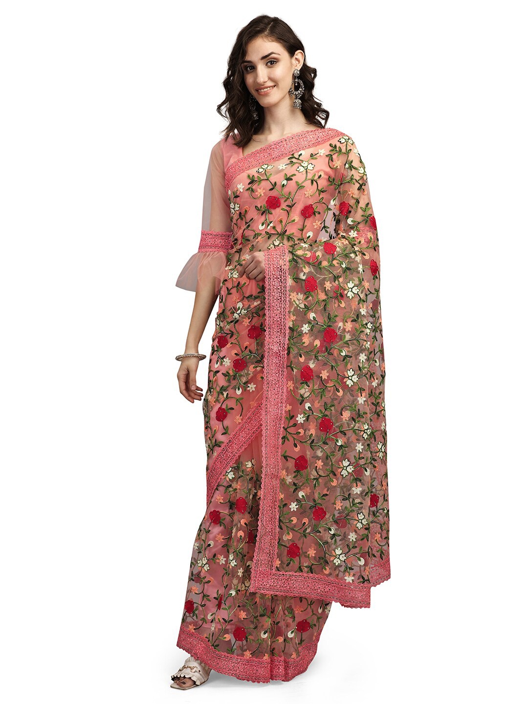 

Pisara Peach-Coloured & Red Embellished Net Saree