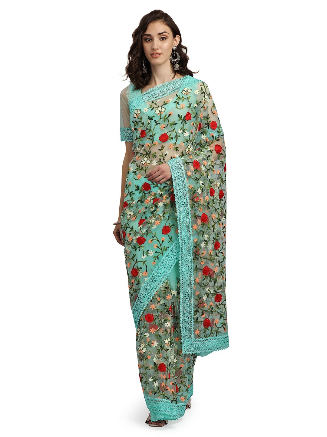 

Pisara Sea Green & Red Floral Embroidered Net Saree