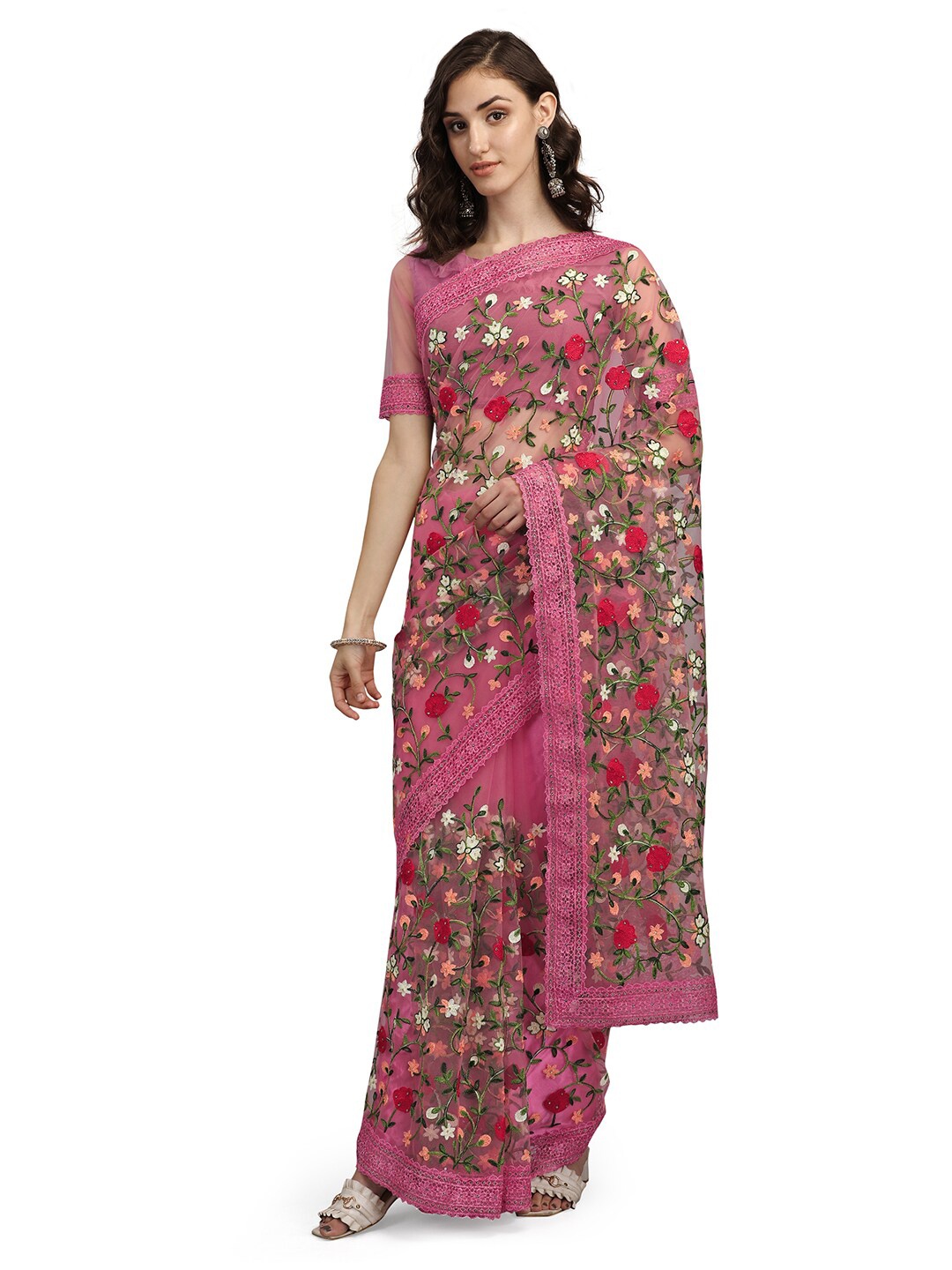 

Pisara Pink & Green Embellished Embroidered Net Saree