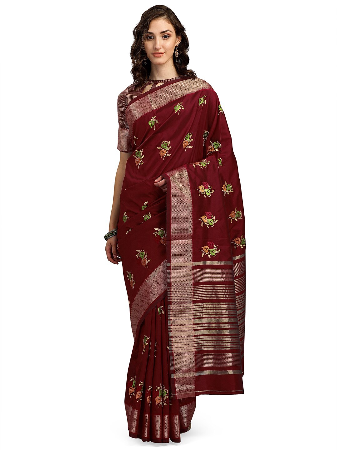 

Pisara Maroon & Gold-Toned Floral Silk Cotton Banarasi Saree