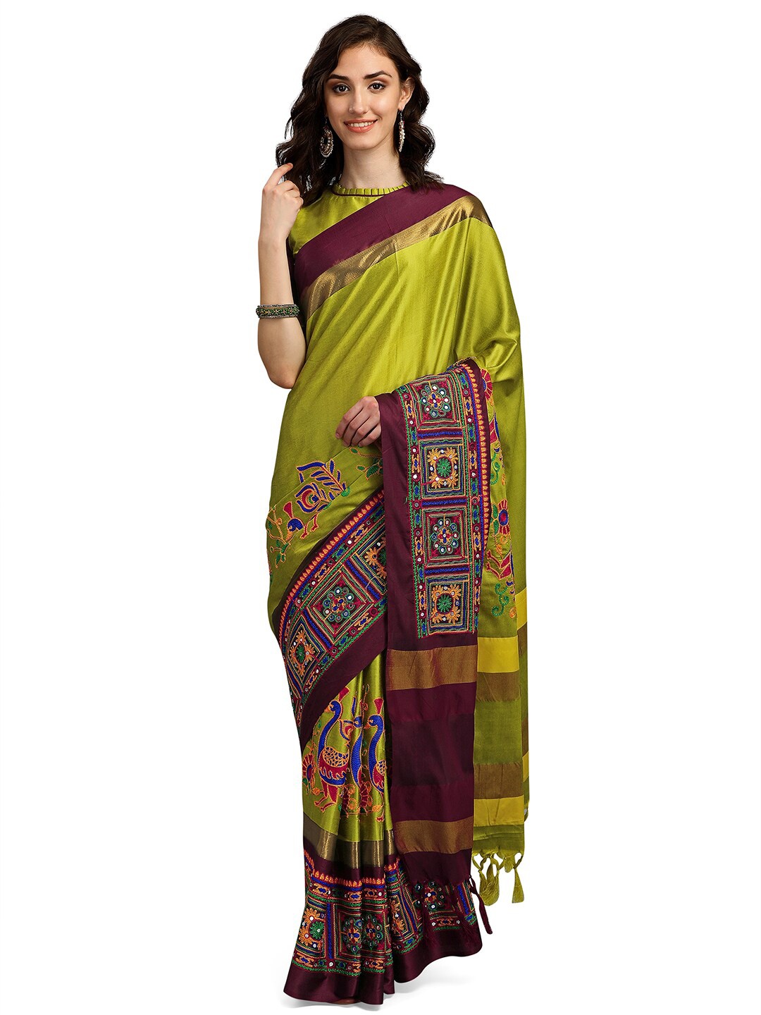 

Pisara Olive Green & Brown Floral Mirror Work Silk Cotton Saree