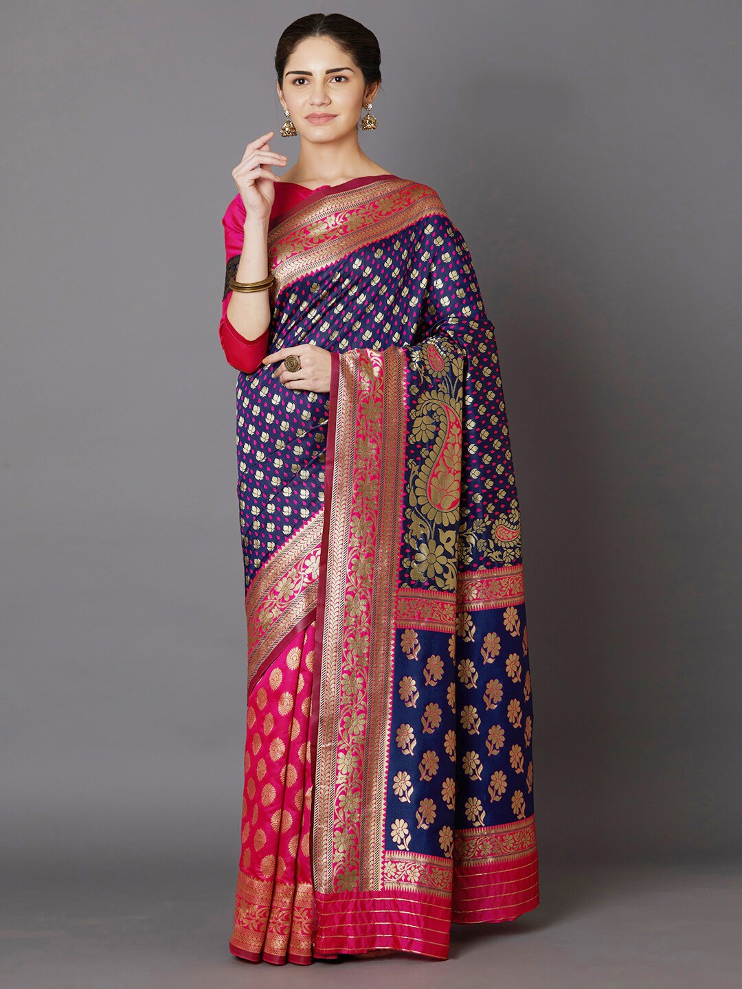 

Mitera Blue & Red Paisley Zari Silk Blend Banarasi Saree