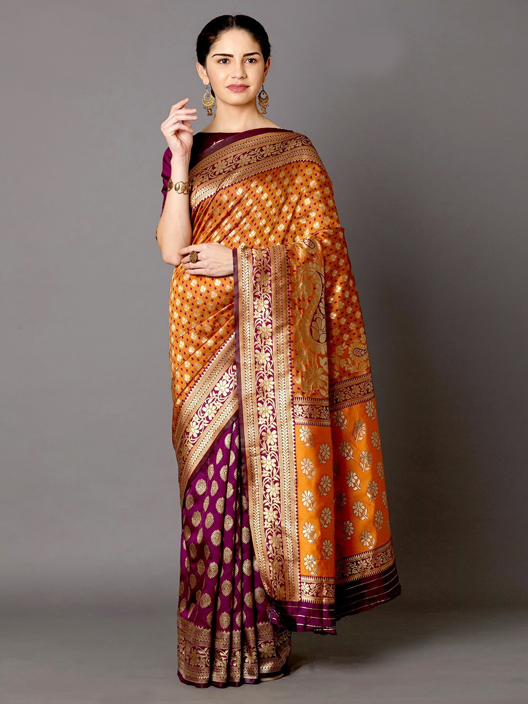 

Mitera Mustard & Orange Zari Silk Blend Banarasi Saree