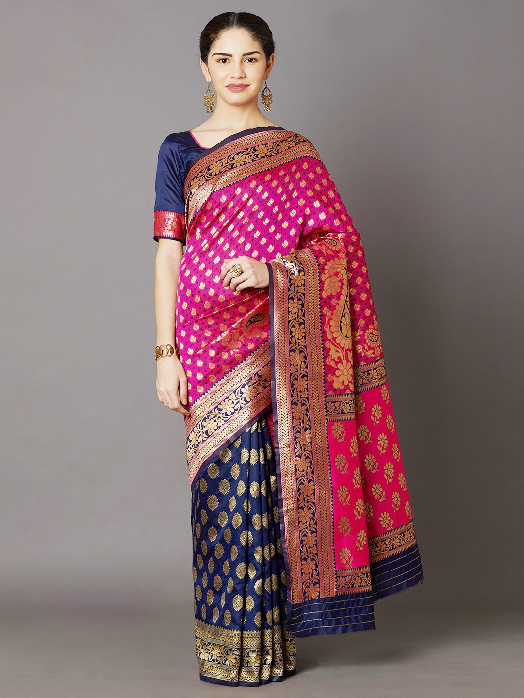 

Mitera Pink & Navy Blue Ethnic Motifs Zari Silk Blend Banarasi Saree