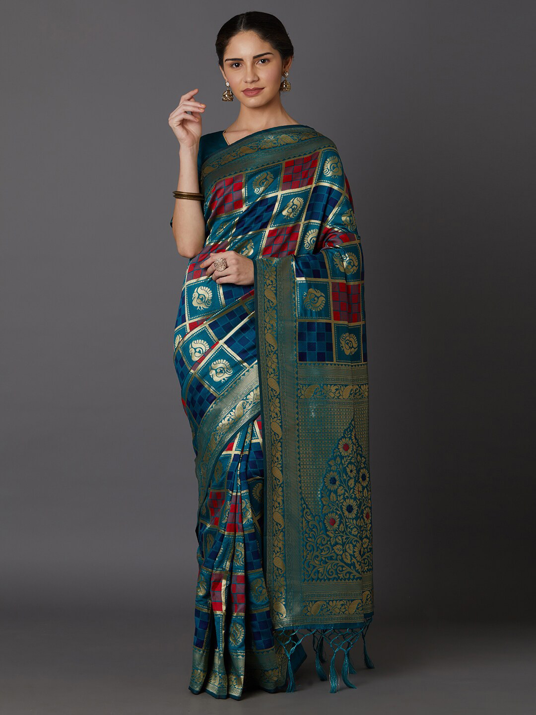 

Mitera Turquoise Blue & Red Ethnic Motifs Zari Silk Blend Dharmavaram Saree