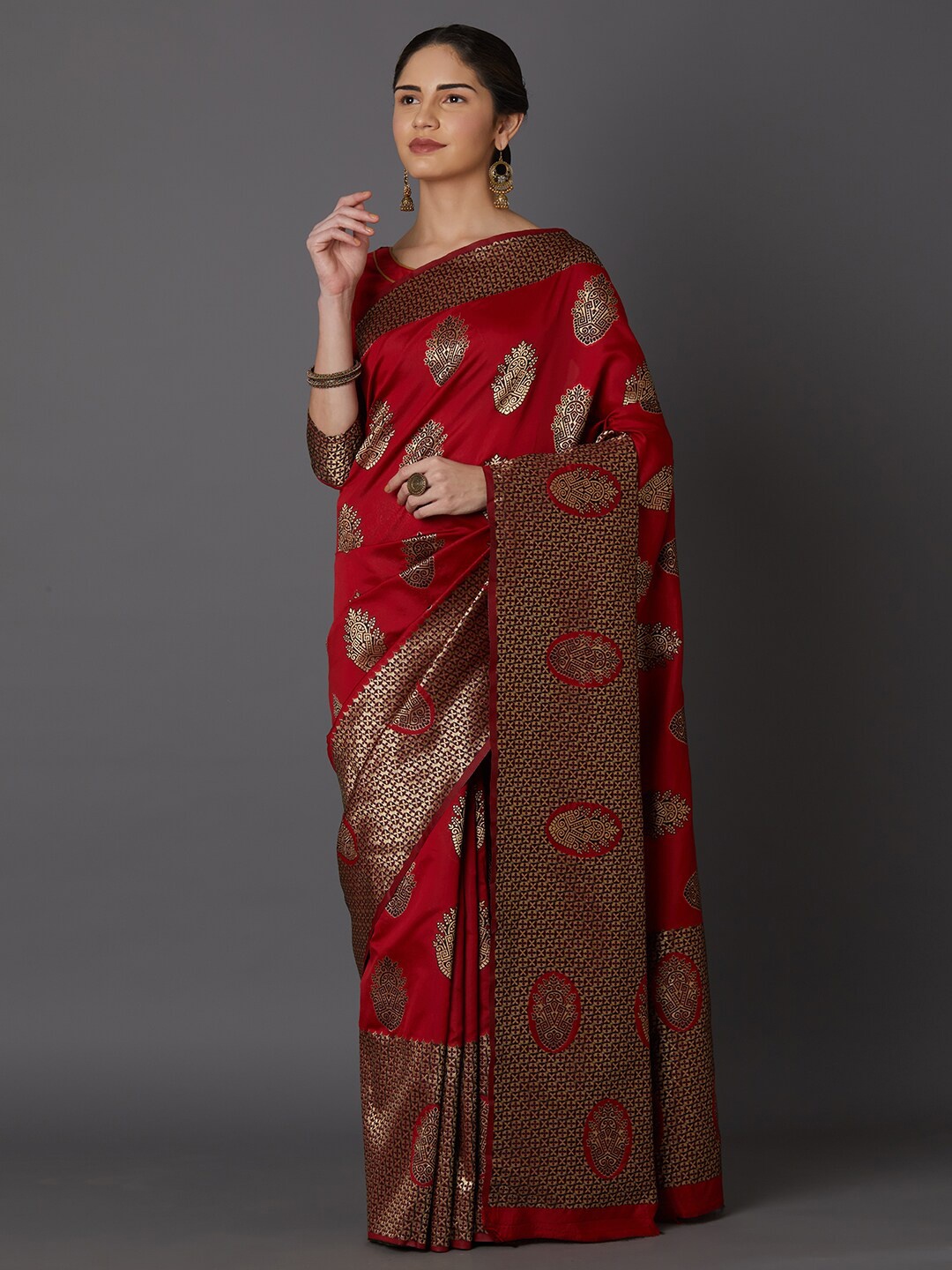 

Mitera Red & Gold-Toned Woven Design Silk Blend Dharmavaram Saree