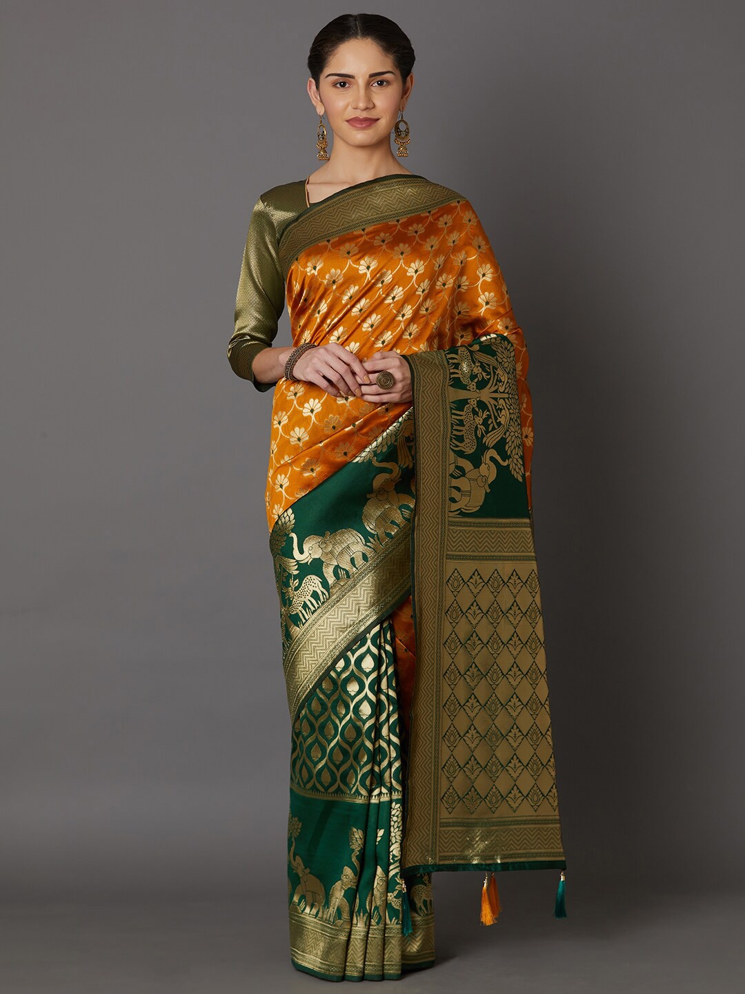 

Mitera Mustard & Green Ethnic Motifs Zari Silk Blend Bhagalpuri Saree