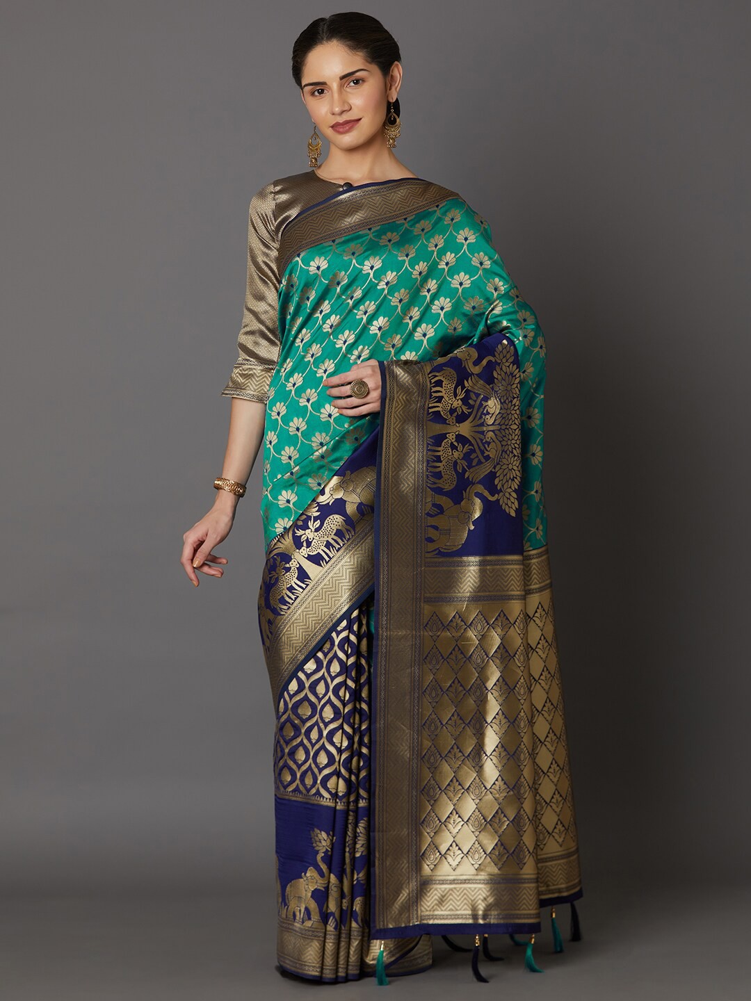 

Mitera Women Sea Green & Blue Zari Silk Blend Bhagalpuri Saree