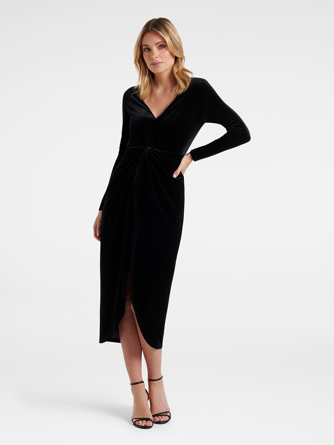 

Forever New Black Velvet Formal Twist Front Midi Dress