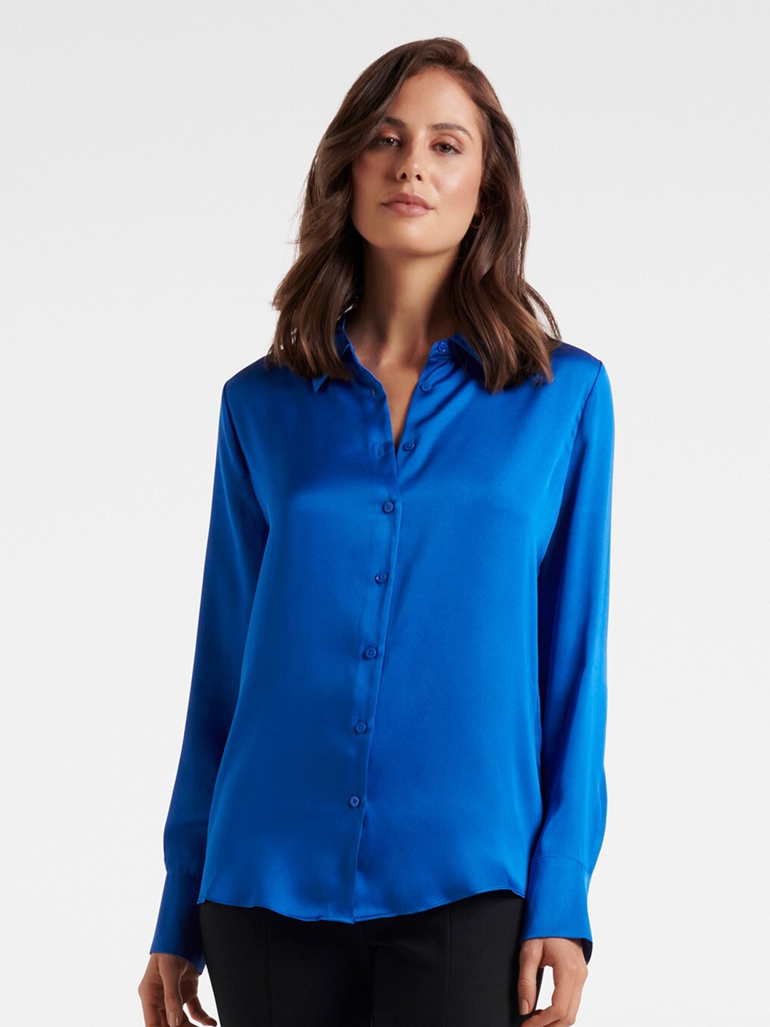 

Forever New Women Blue Solid Satin Formal Shirt