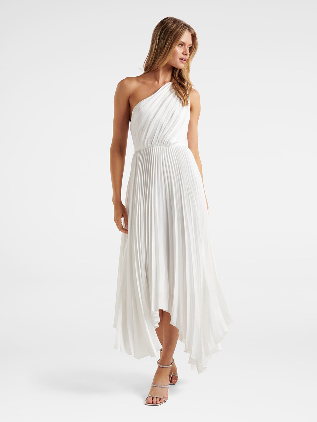 

Forever New Women White One Shoulder Pleated Satin Maxi Dress