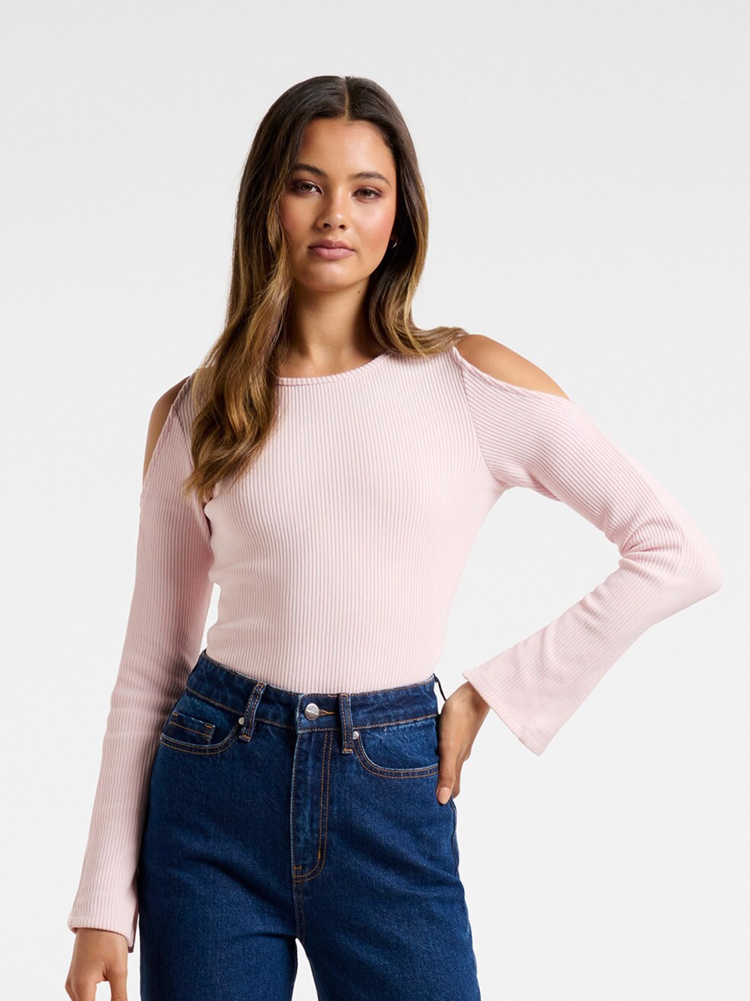 

Forever New Pink Solid Cold Shoulder Top