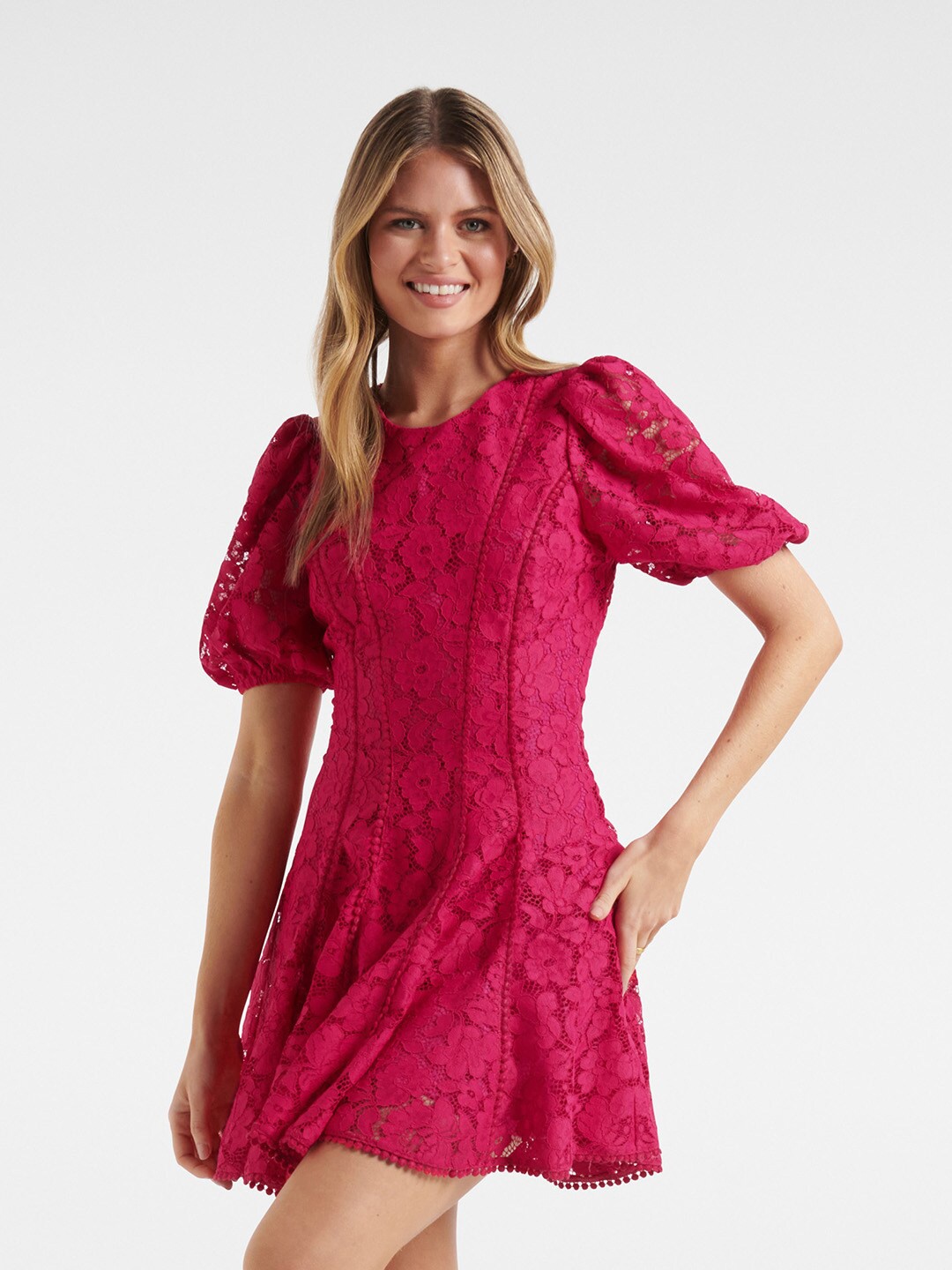 

Forever New Women Rose Self Designed Lace Trim Mini Dress