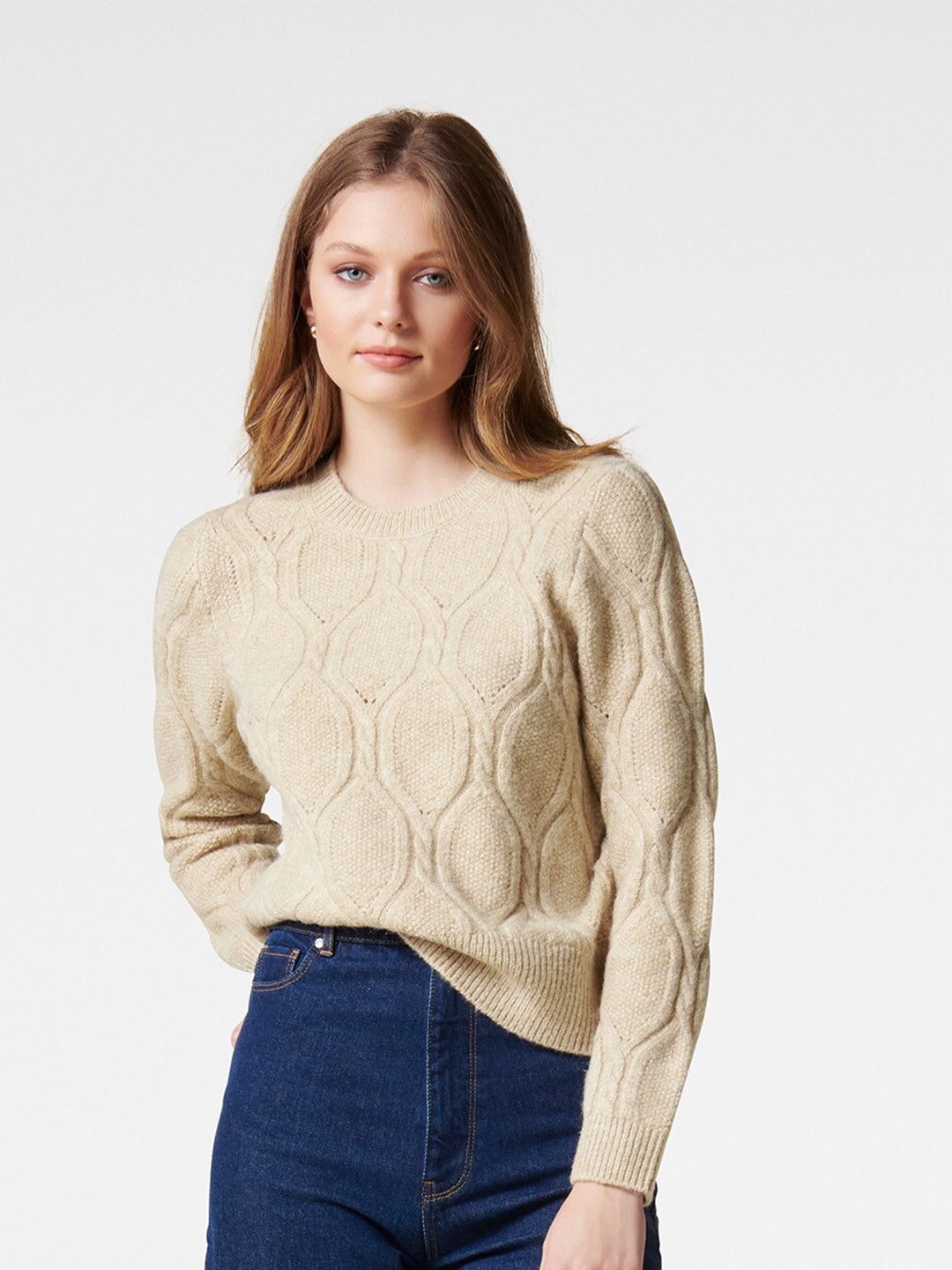 

Forever New Women Beige Cable Knit Pullover