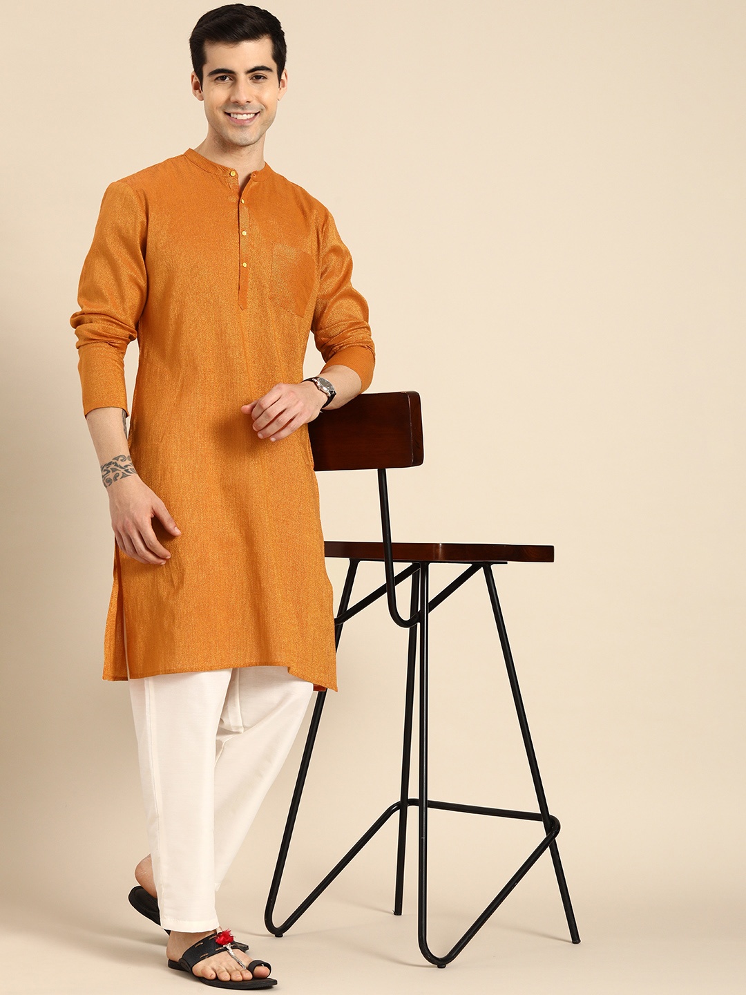 

Anouk Men Rust Orange Self Design Sheen Kurta with Pyjamas